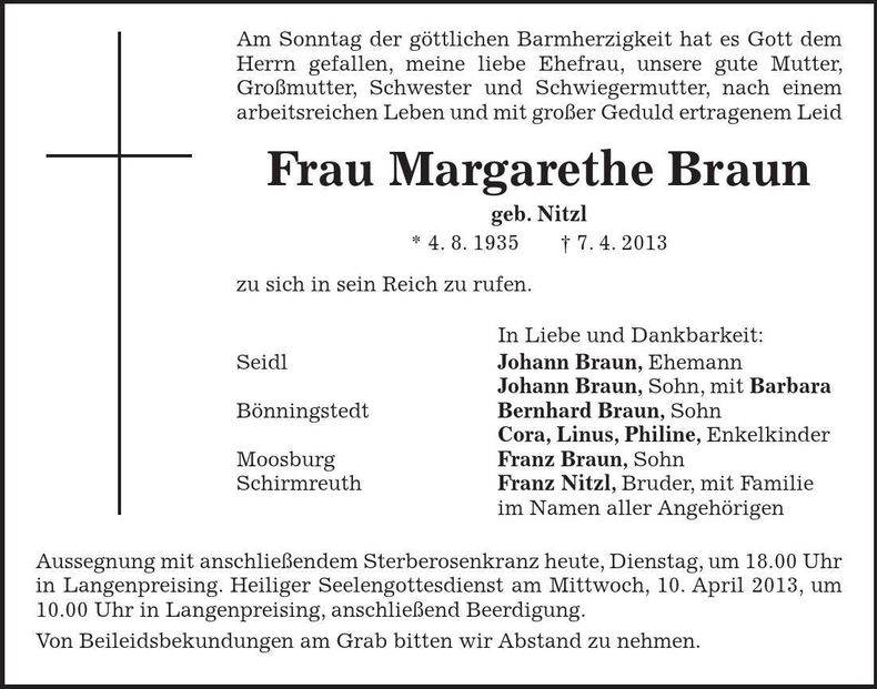Traueranzeige Margarethe Braun