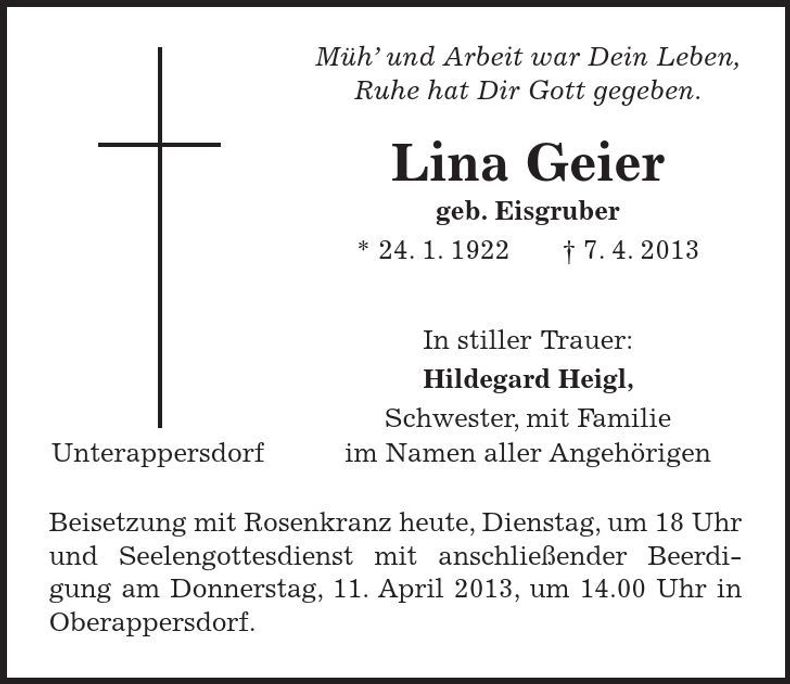 Traueranzeige Lina Geier