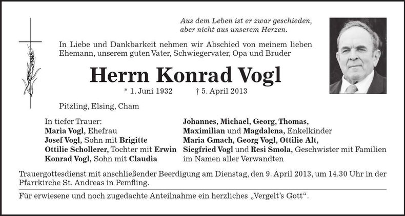 Traueranzeige Konrad Vogl