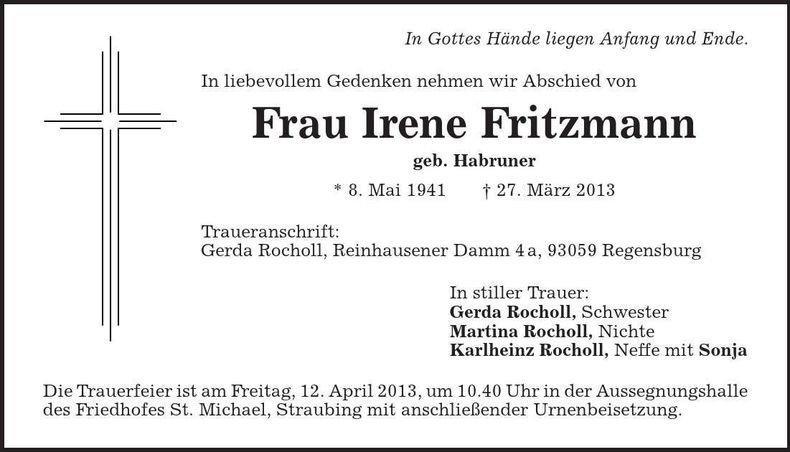 Traueranzeige Irene Fritzmann