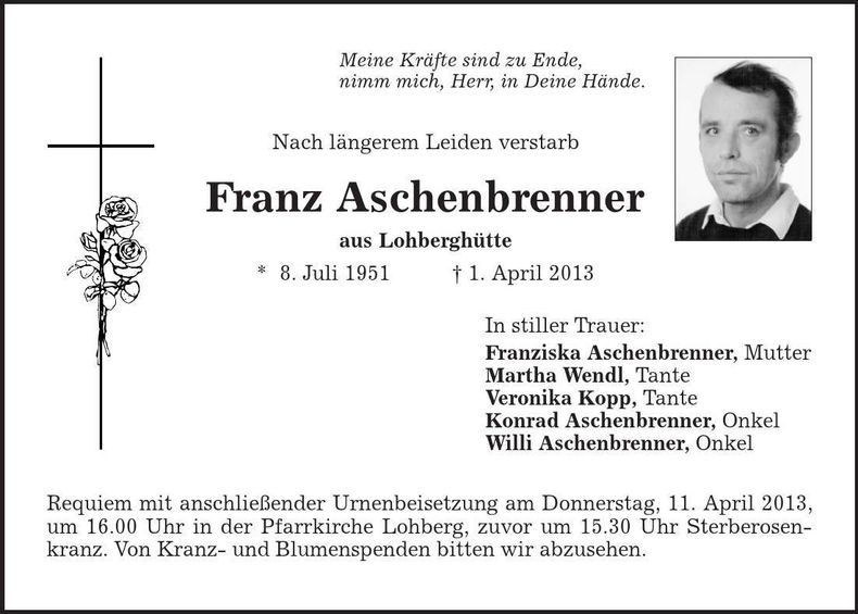 Traueranzeige Franz Aschenbrenner