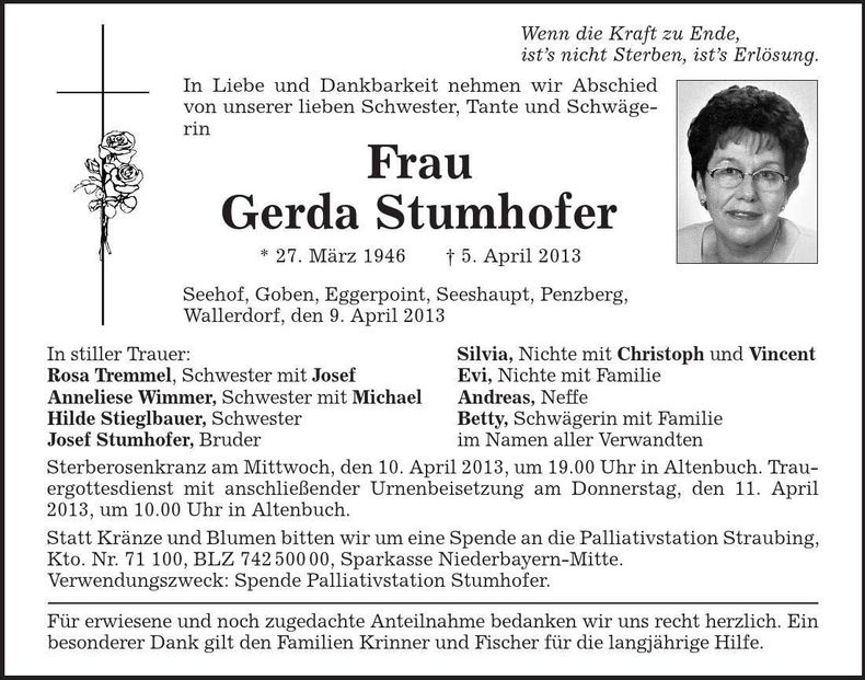 Traueranzeige Gerda Stumhofer