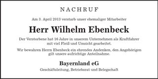 Traueranzeige Wilhelm Ebenbeck