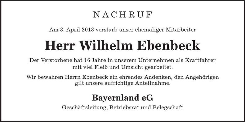 Traueranzeige Wilhelm Ebenbeck