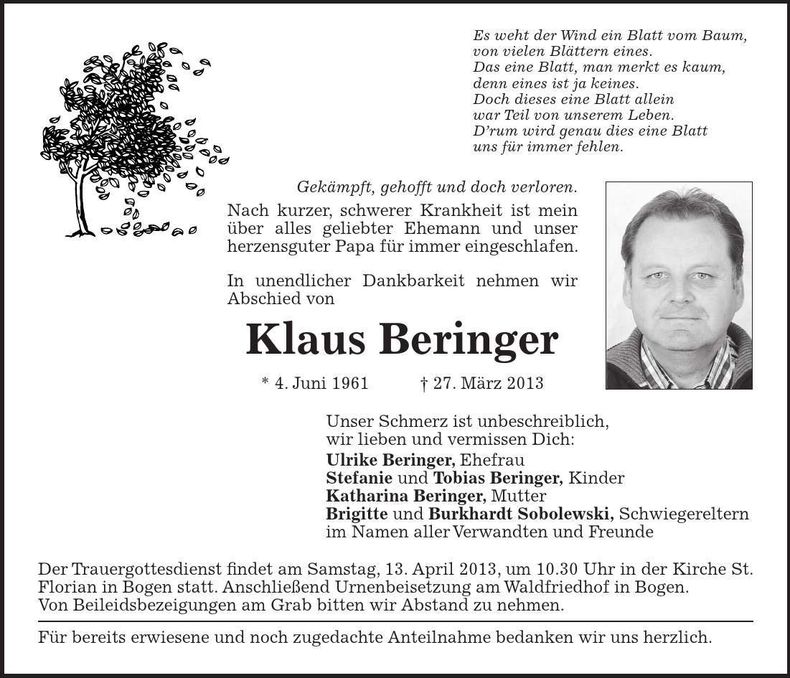 Traueranzeige Klaus Beringer