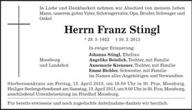 Traueranzeige Franz Stingl