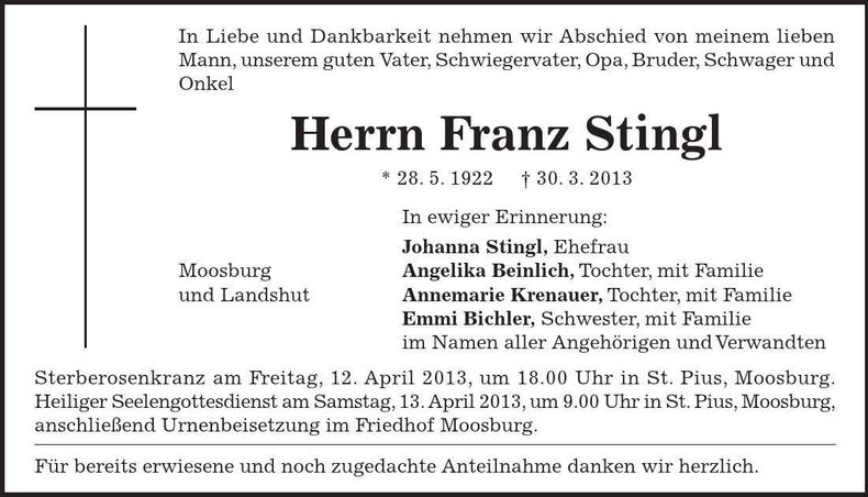 Traueranzeige Franz Stingl