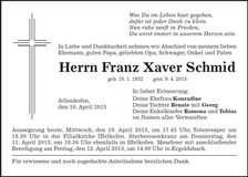 Traueranzeige Franz Xaver Schmid