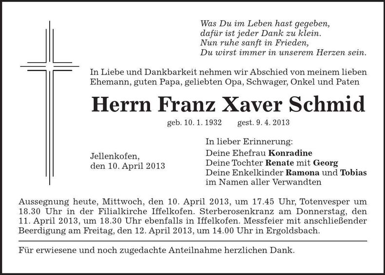 Traueranzeige Franz Xaver Schmid