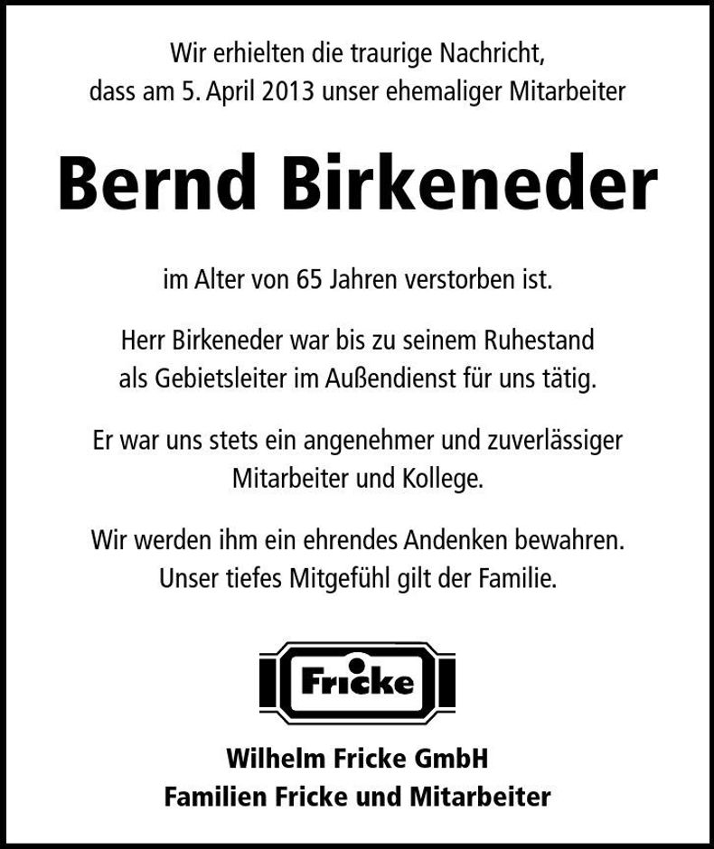 Traueranzeige Bernd Birkeneder