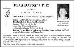 Traueranzeige Barbara Pilz