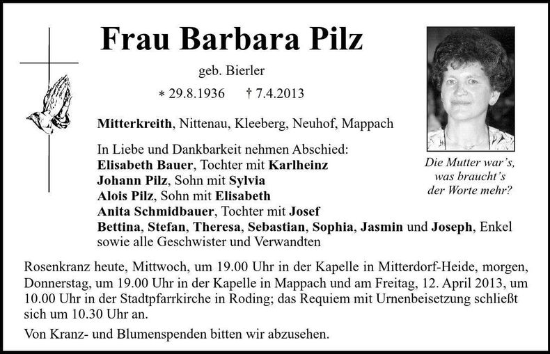 Traueranzeige Barbara Pilz
