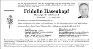 Traueranzeige Fridolin Hasenkopf