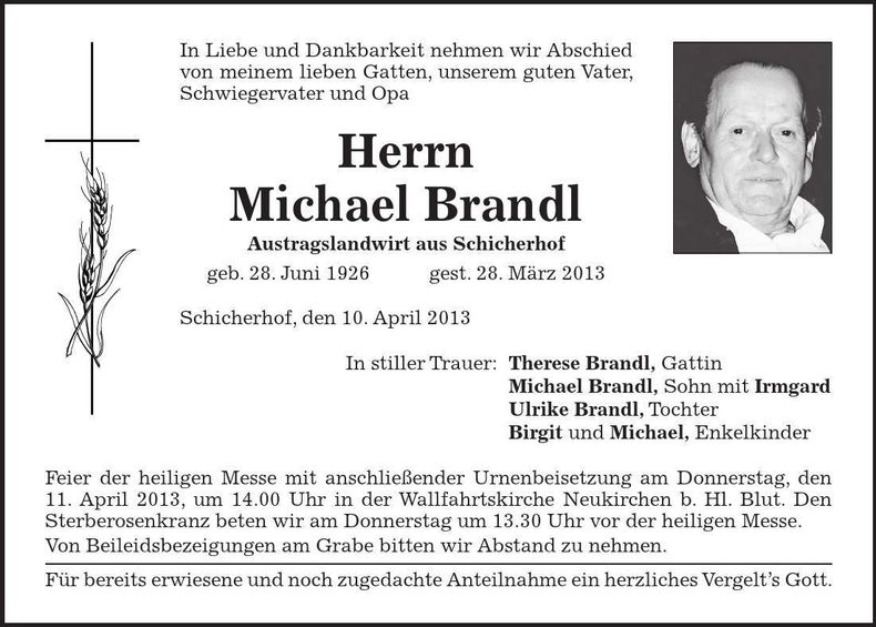 Traueranzeige Michael Brandl