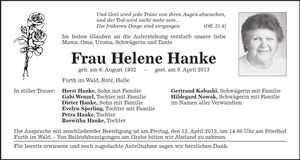 Traueranzeige Helene Hanke