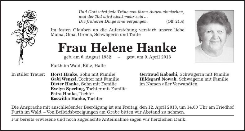 Traueranzeige Helene Hanke