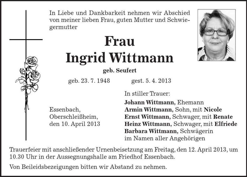 Traueranzeige Ingrid Wittmann