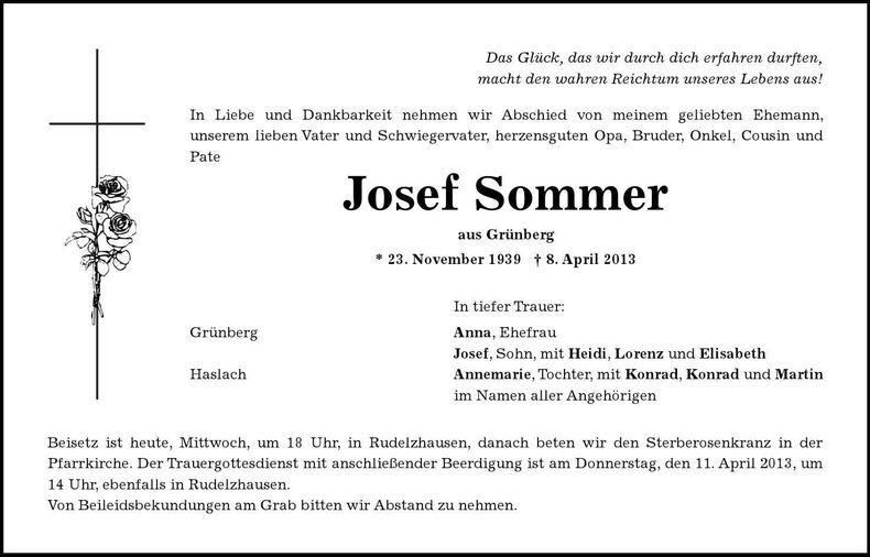 Traueranzeige Josef Sommer
