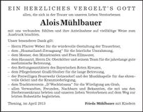 Traueranzeige Alois Mühlbauer