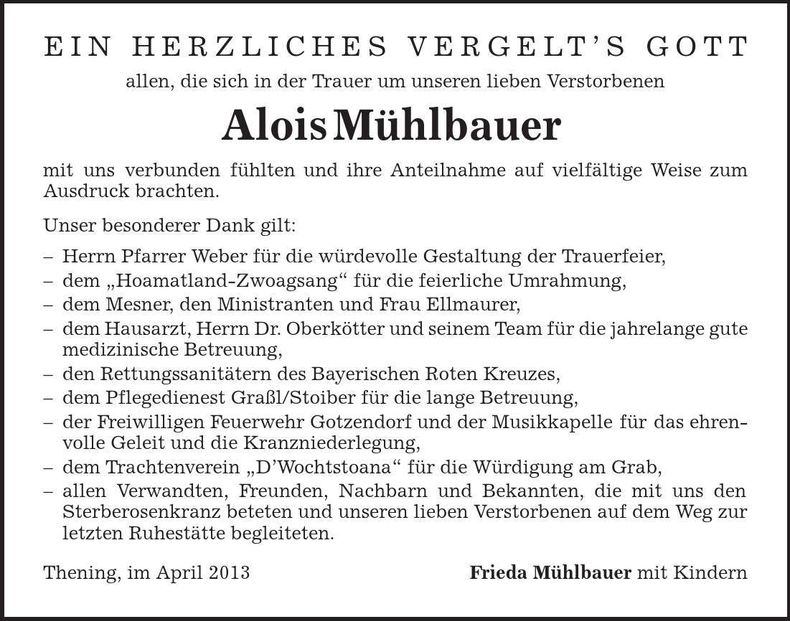 Traueranzeige Alois Mühlbauer