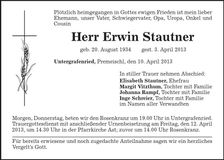 Traueranzeige Erwin Stautner