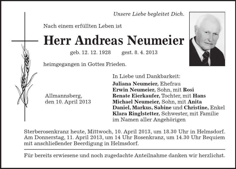 Traueranzeige Andreas Neumeier