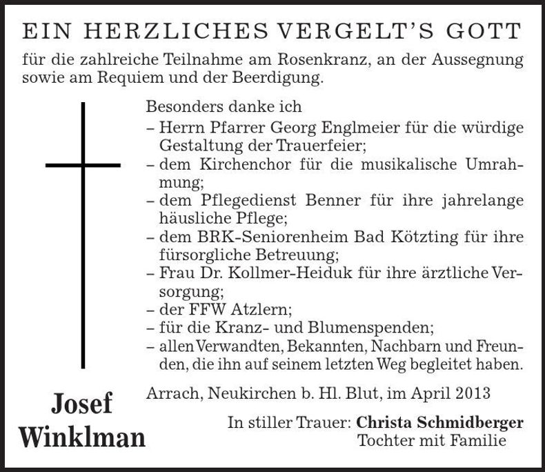 Traueranzeige Josef Winklmann