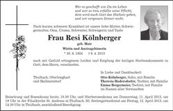 Traueranzeige Resi Kölnberger