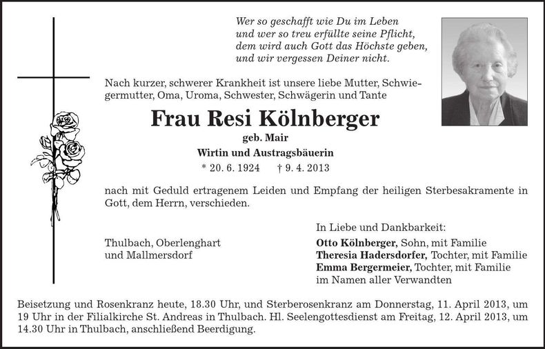 Traueranzeige Resi Kölnberger