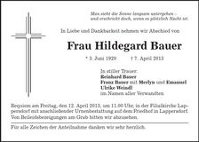 Traueranzeige Hildegard Bauer