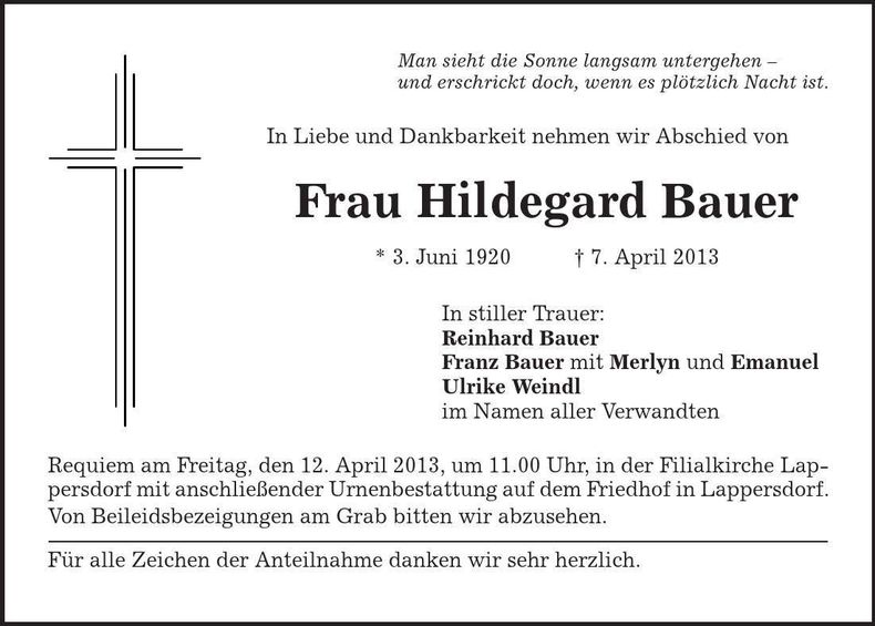 Traueranzeige Hildegard Bauer