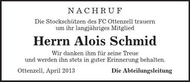 Traueranzeige Alois Schmid