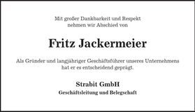Traueranzeige Fritz Jackermeier