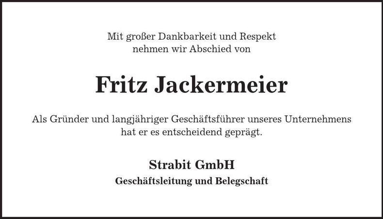 Traueranzeige Fritz Jackermeier