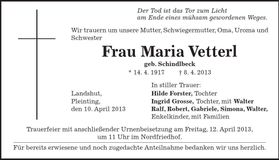 Traueranzeige Maria Vetterl