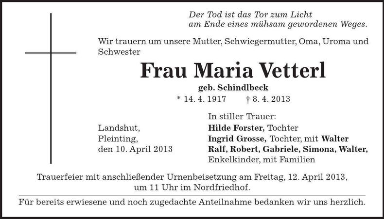 Traueranzeige Maria Vetterl