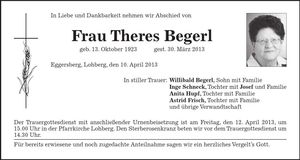 Traueranzeige Theres Begerl