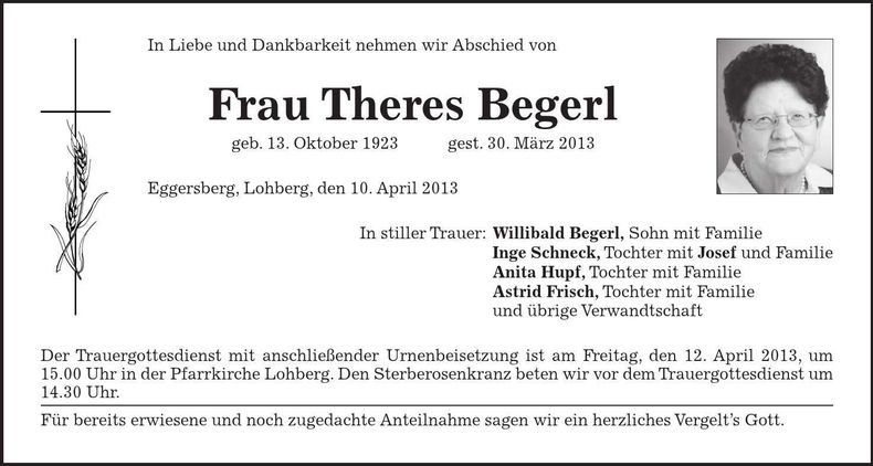 Traueranzeige Theres Begerl