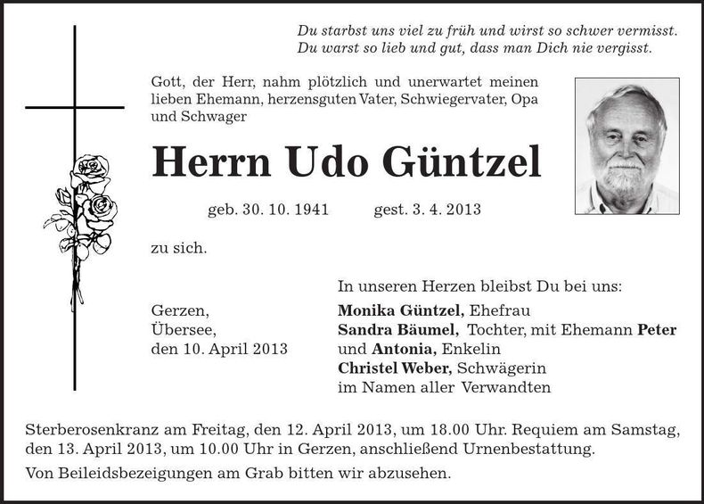 Traueranzeige Udo Güntzel