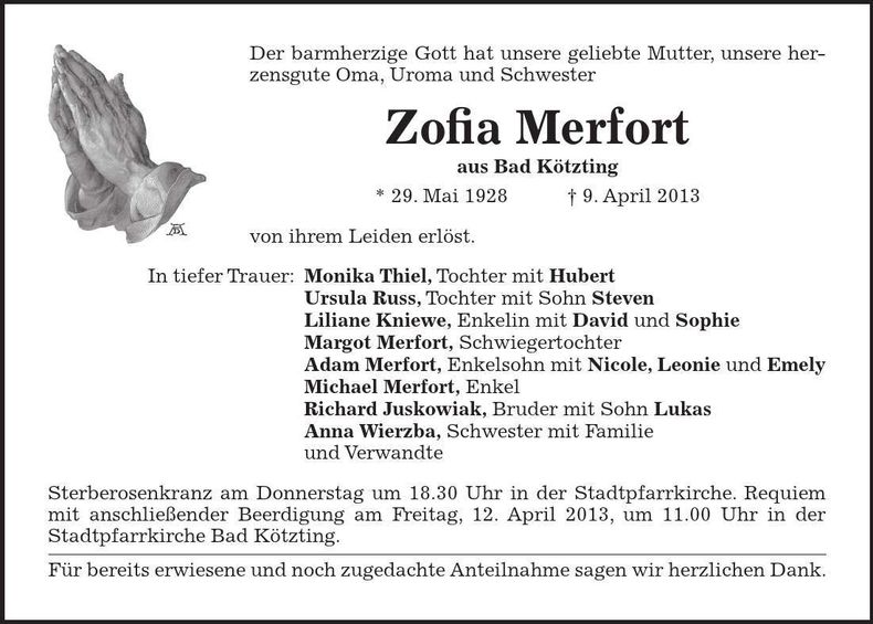 Traueranzeige Zofia Merfort
