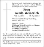Traueranzeige Gerda Weinreich