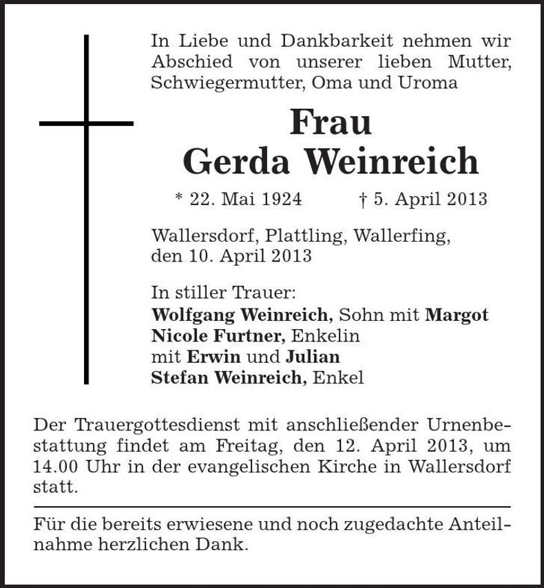 Traueranzeige Gerda Weinreich