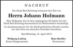 Traueranzeige Johann Hofmann