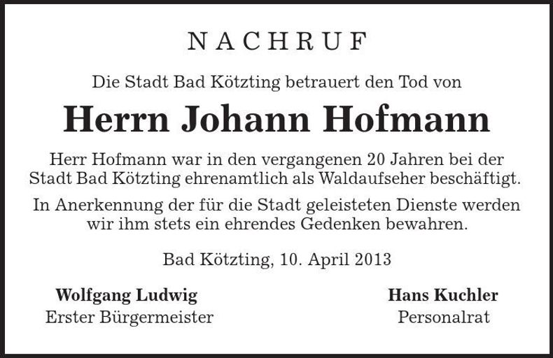 Traueranzeige Johann Hofmann