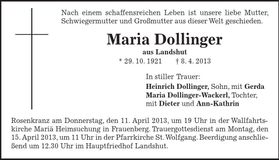 Traueranzeige Maria Dollinger