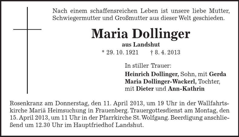 Traueranzeige Maria Dollinger