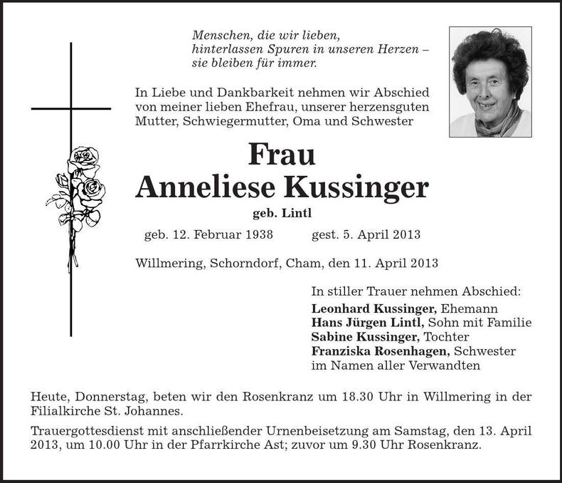 Traueranzeige Anneliese Kussinger