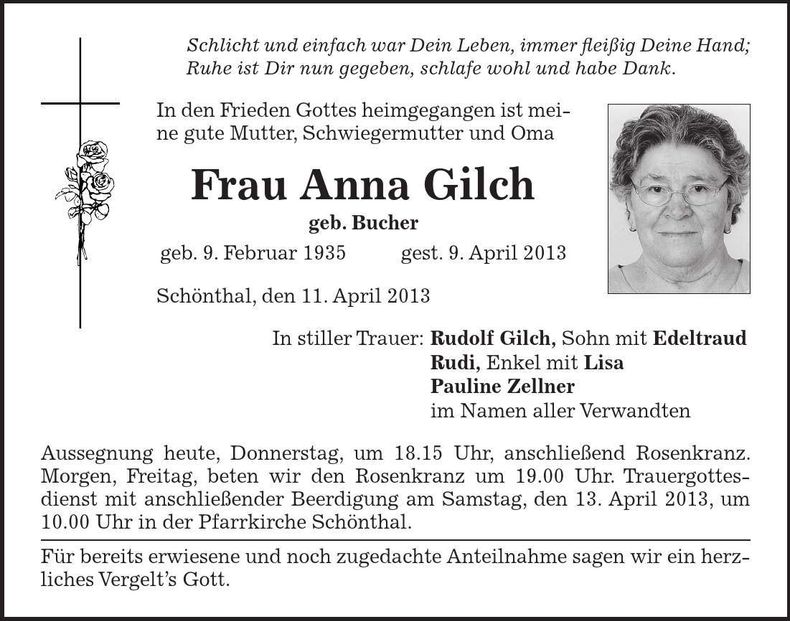 Traueranzeige Anna Gilch