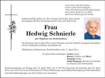 Traueranzeige Hedwig Schnierle