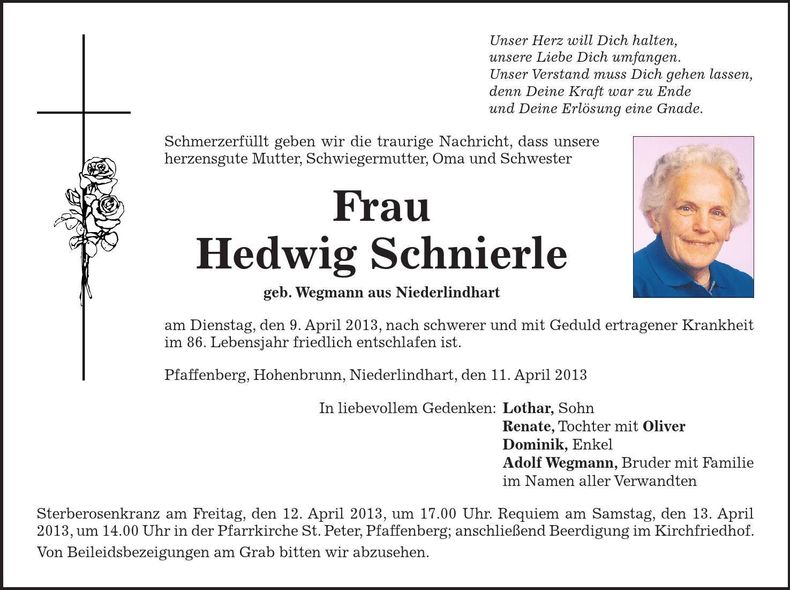 Traueranzeige Hedwig Schnierle